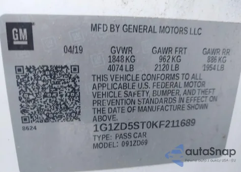 2019 Chevrolet Malibu Lt из США, поврежденный, VIN 1G1ZD5ST0KF211689